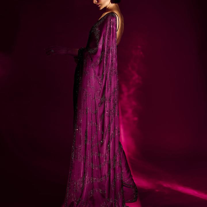 Wine Stonework Satin Designer Saree
