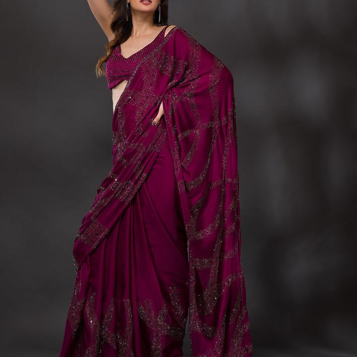 Wine Stonework Satin Designer Saree