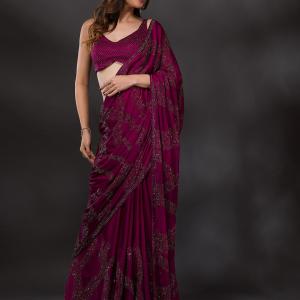 Wine Stonework Satin Designer Saree