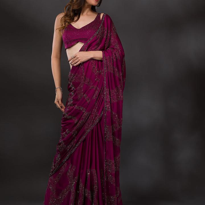 Wine Stonework Satin Designer Saree