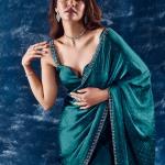 Turquoise Blue Stonework Satin Designer Saree