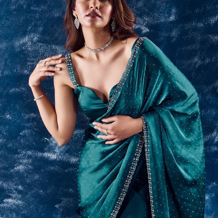 Turquoise Blue Stonework Satin Designer Saree