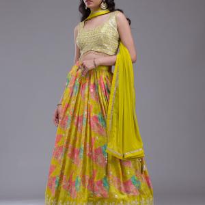 Parrot Green Sequins Georgette Readymade Lehenga