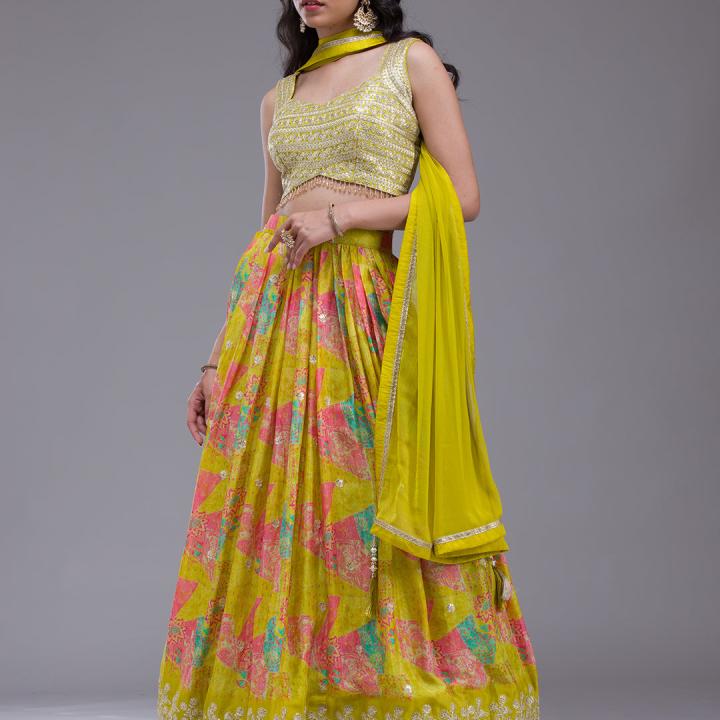 Parrot Green Sequins Georgette Readymade Lehenga