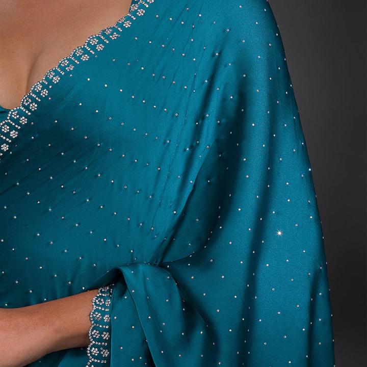 Turquoise Blue Stonework Satin Designer Saree