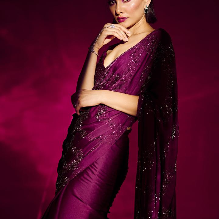 Wine Stonework Satin Designer Saree
