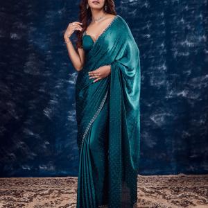Turquoise Blue Stonework Satin Designer Saree