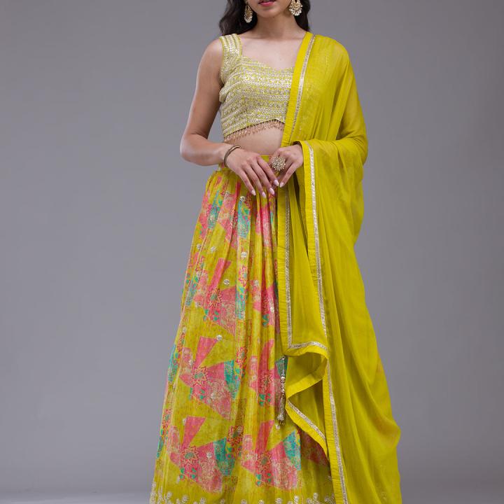 Parrot Green Sequins Georgette Readymade Lehenga