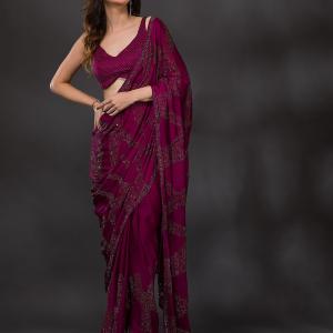 Wine Stonework Satin Designer Saree