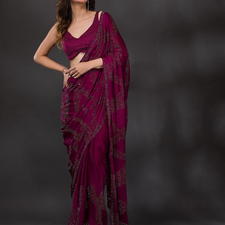 Wine Stonework Satin Designer Saree