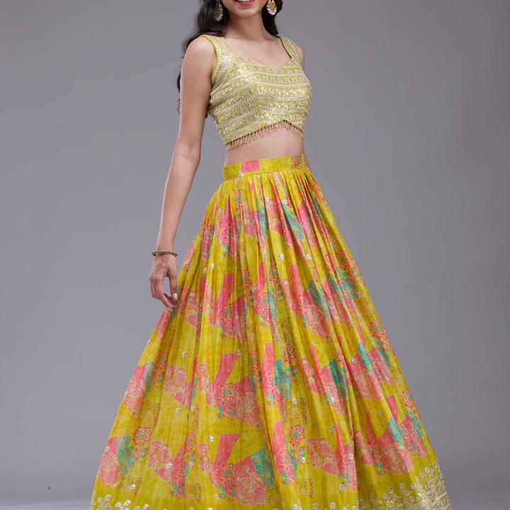 Parrot Green Sequins Georgette Readymade Lehenga