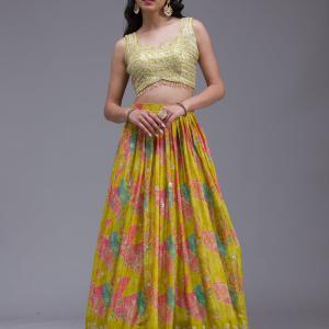 Parrot Green Sequins Georgette Readymade Lehenga