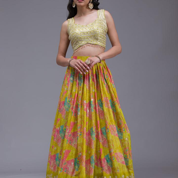 Parrot Green Sequins Georgette Readymade Lehenga